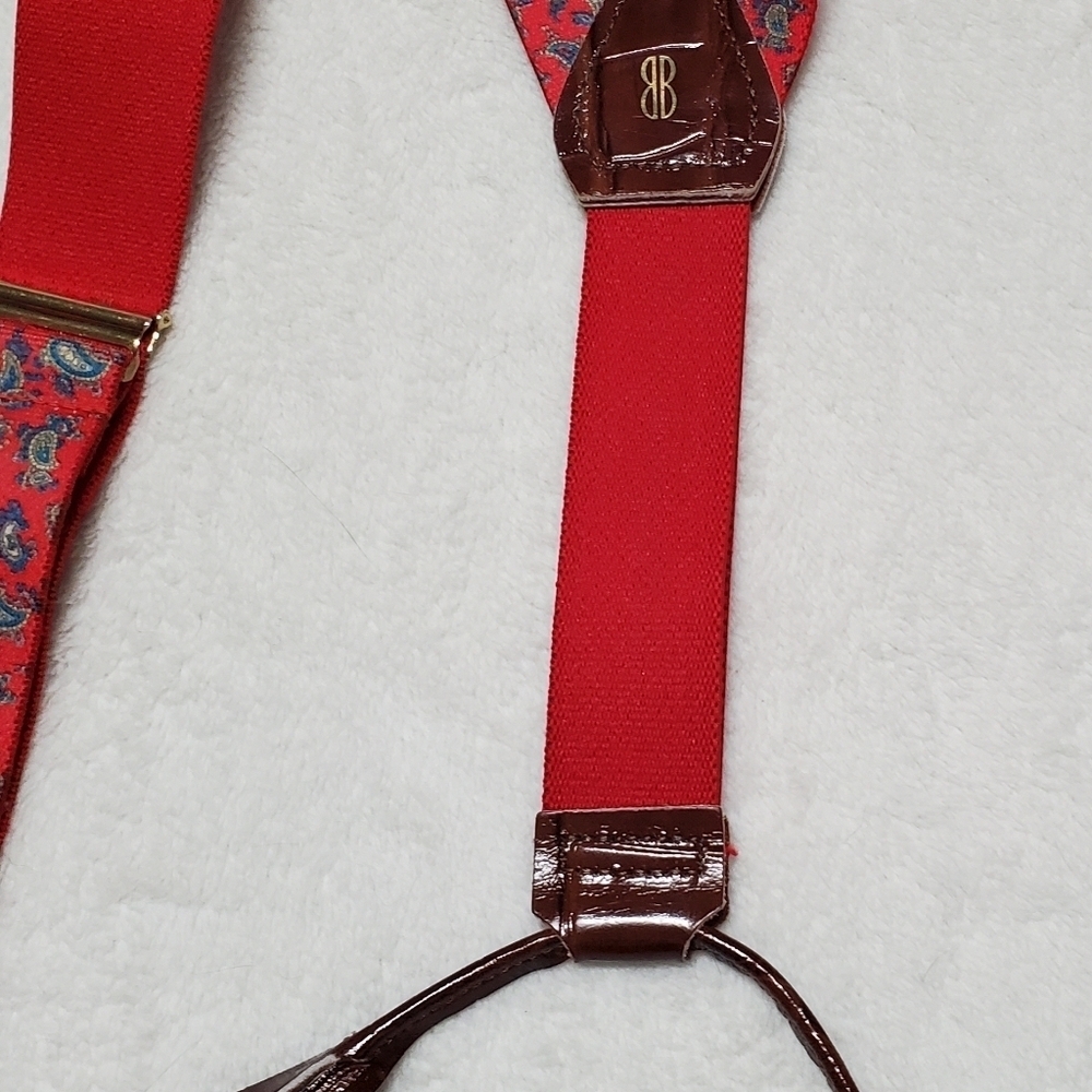 Bill Blass Vintage Stretchy Red Blue Paisley Gold Leather Button Tab Suspenders - Picture 13 of 13